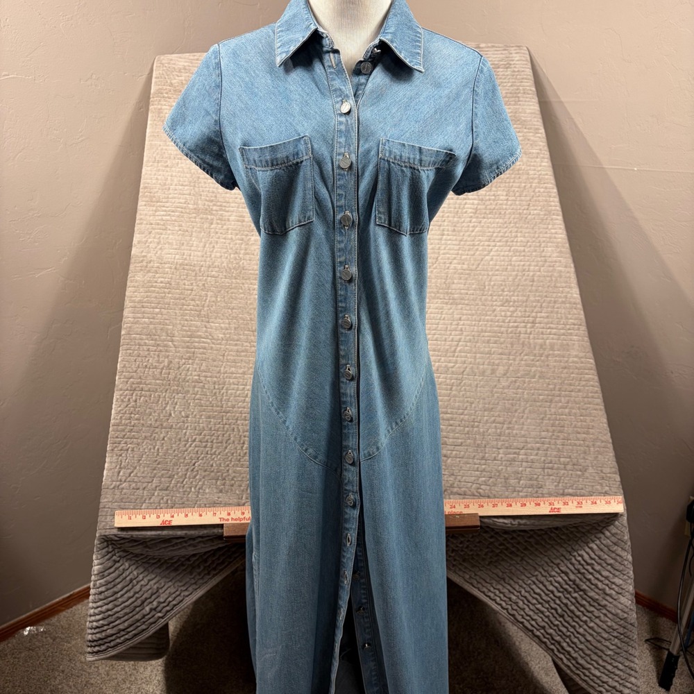 Democracy Womens Blue Denim Maxi Dress Short Sleeve Button Front Light Wash 6